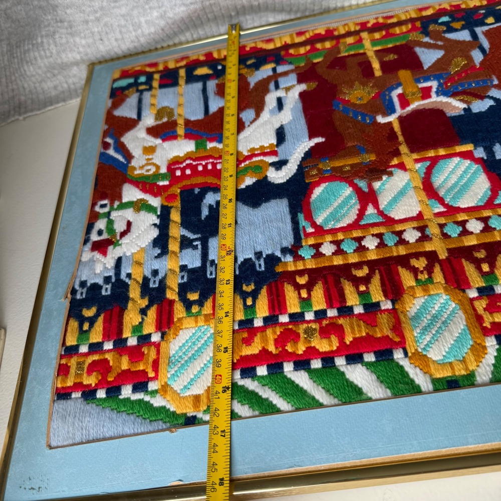 Vintage 1984 Carousel Needlepoint Framed Wall Art Handmade Horse Decor 22x18 - Picture 3 of 11